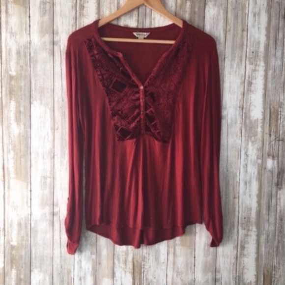 Lucky Brand Tops - Lucky Brand Embroidered Boho Peasant Top Burgundy Rayon Blouse Large